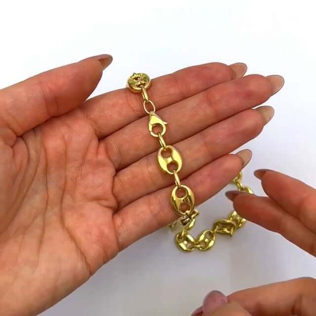 14K Yellow Gold 10mm Puffed Anchor Mariner Chain Necklace 18"-22"