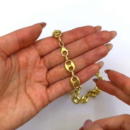 14K Yellow Gold 10mm Puffed Anchor Mariner Chain Necklace 18"-22"