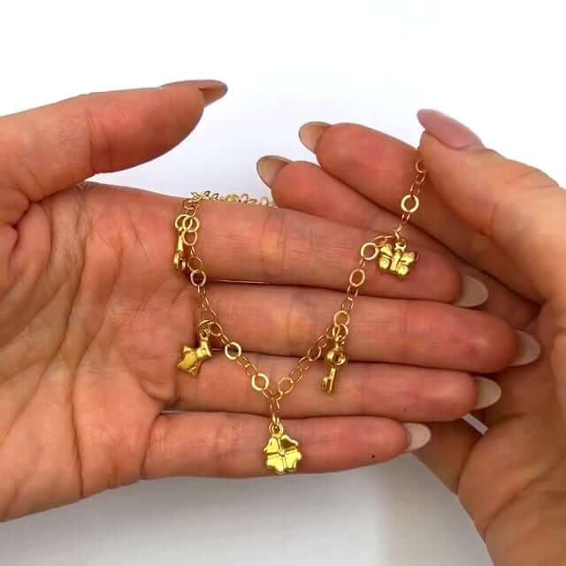 18K Yellow Gold Over Silver 3.5mm Lucky Charms Bracelet Anklet (Solid Links) 9" - 10" Adjustable - WJD Exclusives