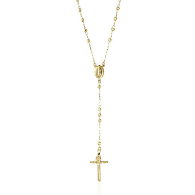 14K Yellow Gold 3mm Moon-Cut Rosary Cross Beaded Necklace (Hollow) 26"