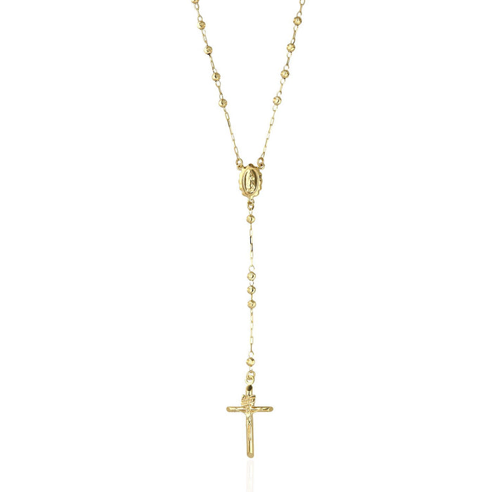 14K Yellow Gold 3mm Moon-Cut Rosary Cross Beaded Necklace (Hollow) 26"