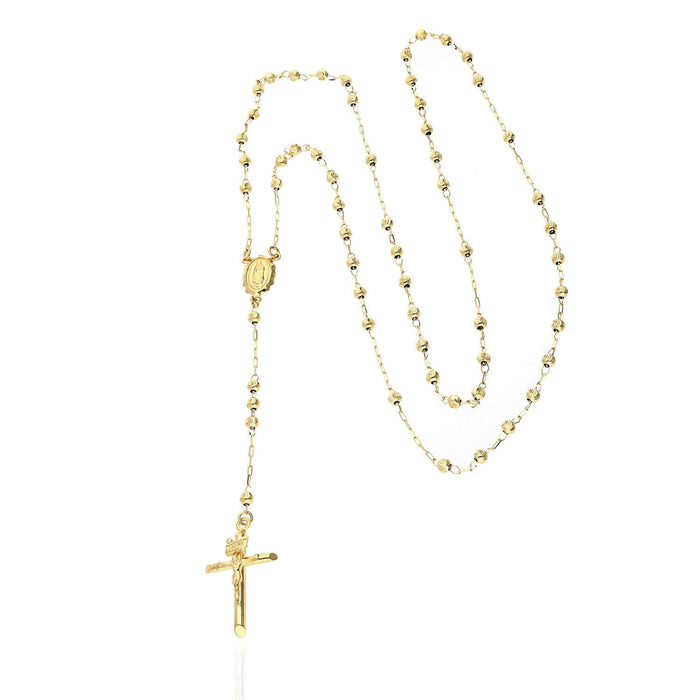 14K Yellow Gold 3mm Moon-Cut Rosary Cross Beaded Necklace (Hollow) 26"