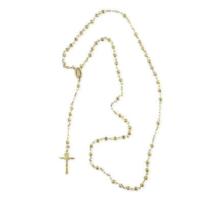 14K Yellow Gold 4mm Moon-Cut Beads Religious Rosary Necklace (Hollow) 26"