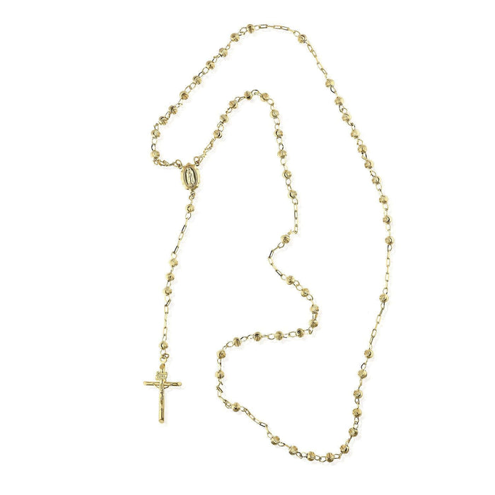 14K Yellow Gold 4mm Moon-Cut Beads Religious Rosary Necklace (Hollow) 26"