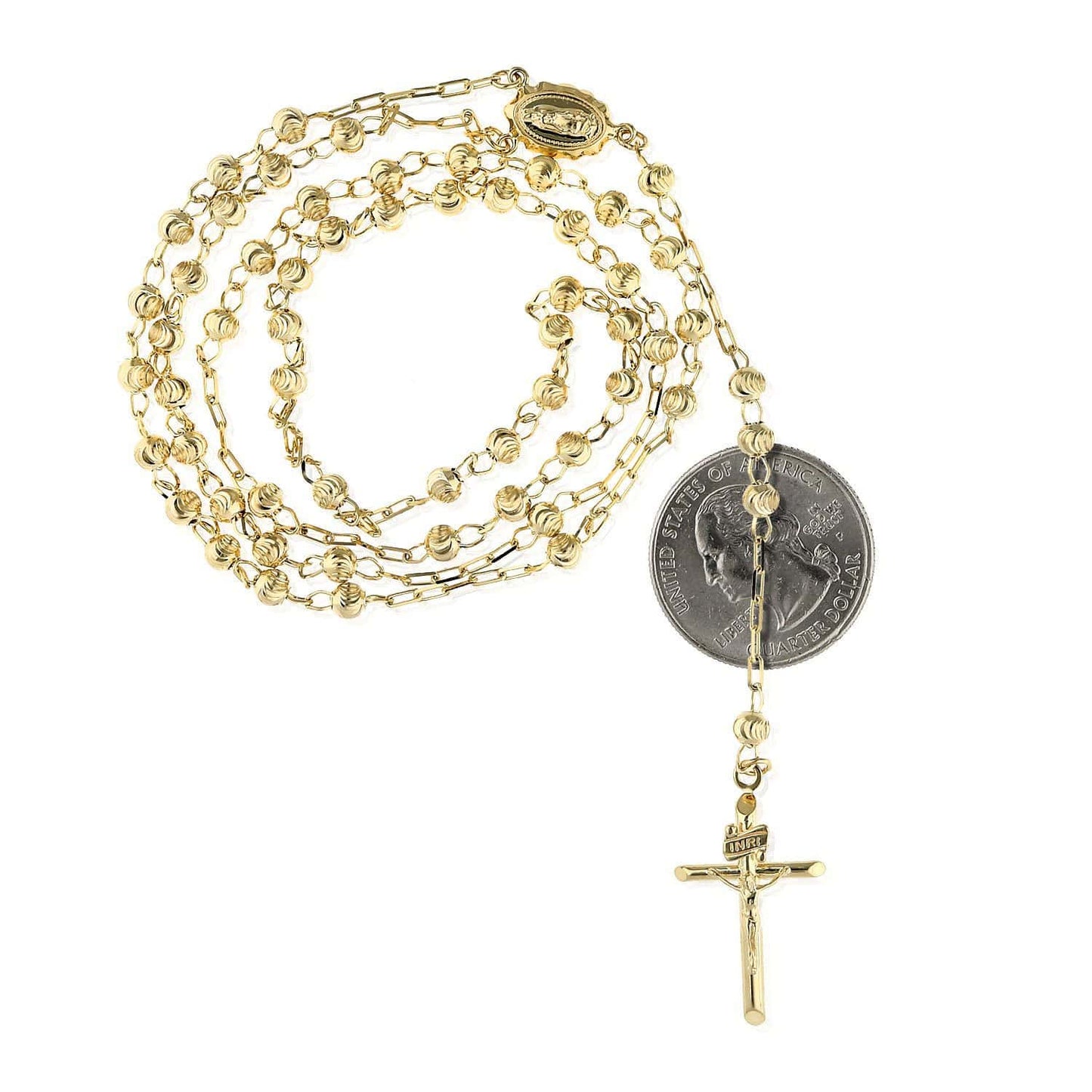14K Solid Yellow Gold 4mm Moon Cut Beads 26" Religious Rosary Chain Necklace