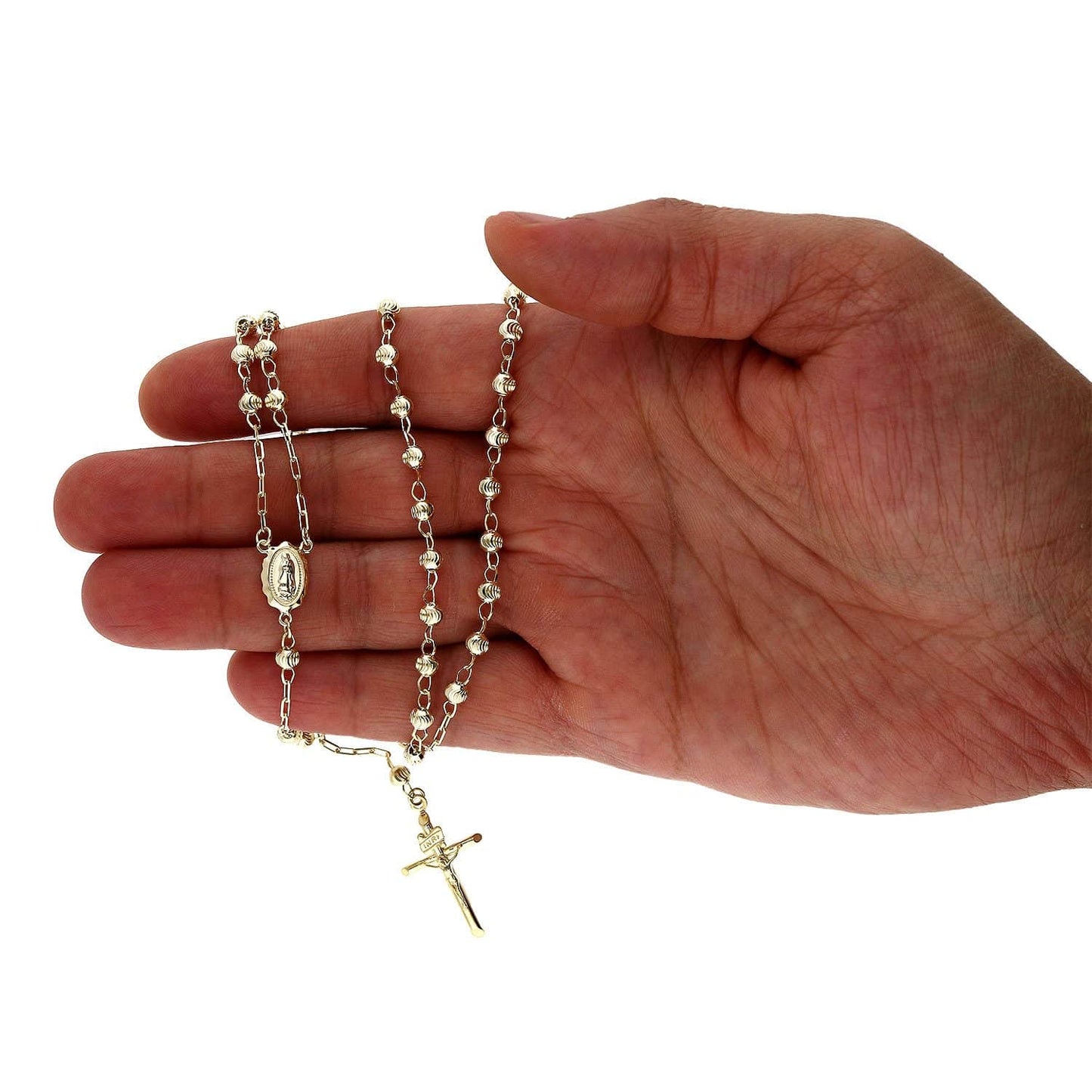 14K Solid Yellow Gold 4mm Moon Cut Beads 26" Religious Rosary Chain Necklace