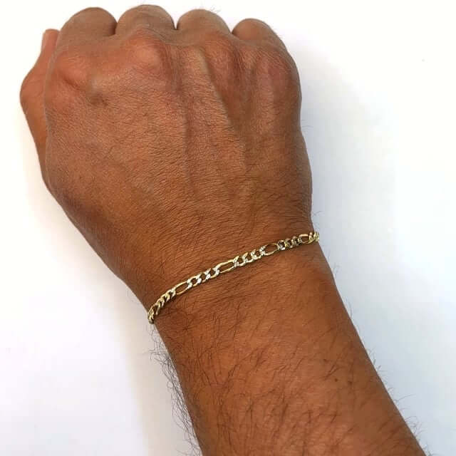 14K Gold Over Silver 3.5mm Diamond-Cut Pave Figaro Bracelet (Solid Links) 7"-9"