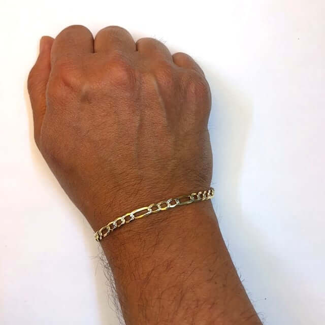 14K Yellow Gold Over Silver 5mm Diamond - Cut Pave Figaro Bracelet (Solid Links) 7" 8" 9" - WJD Exclusives