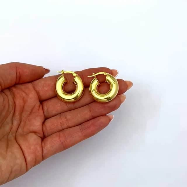 18K Yellow Gold Over Silver Puffed Hoop Earrings 25mm - WJD Exclusives