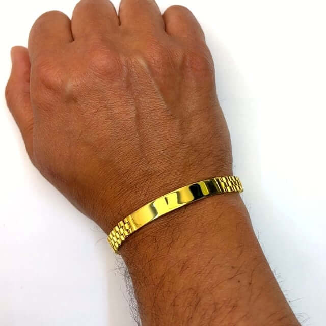 Engravable 18K Gold Over Silver Personalized 7.5mm Jubilee ID Bar Bracelet (Solid Links) 8.5" - WJD Exclusives