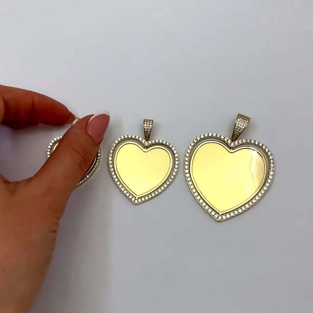 14K Yellow Gold CZ Frame Two - Sided Rotating Heart Picture Pendant - WJD Exclusives