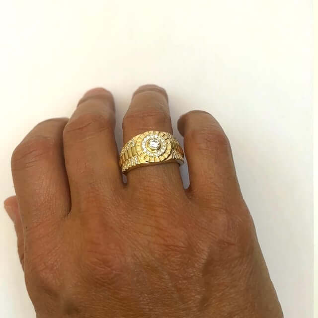 14K Real Gold Yellow CZ Jubilee Signet Ring