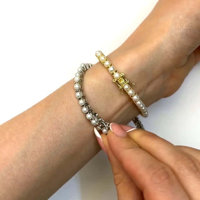 18K Gold Over Silver 4mm Cultured Pearl Tennis Bracelet 7" - WJD Exclusives