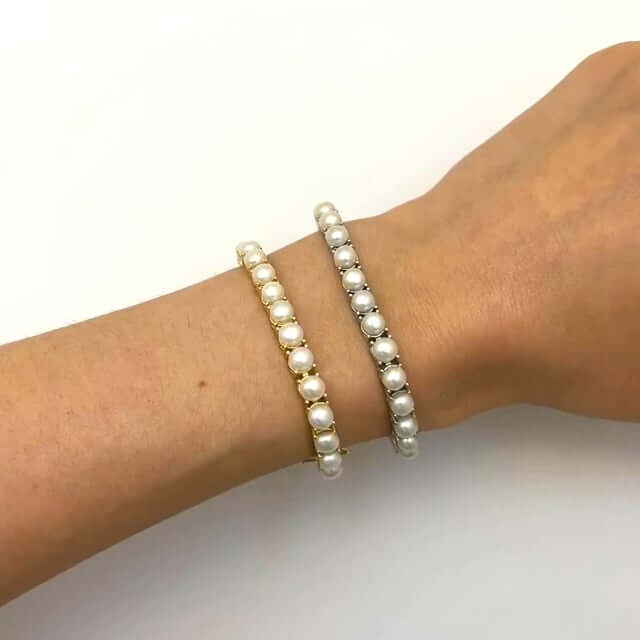 18K Gold Over Silver 5mm Cultured Pearl Tennis Bracelet 7" - WJD Exclusives