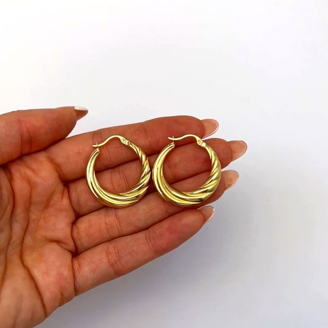14K Real Gold Graduated Twisted Hoop Earrings 27mm