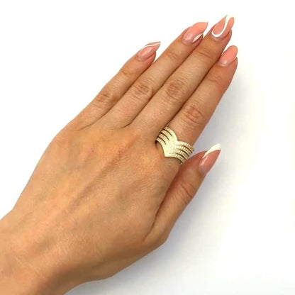 14K Gold Yellow CZ Pointed Chevron V-Shape Band Ring