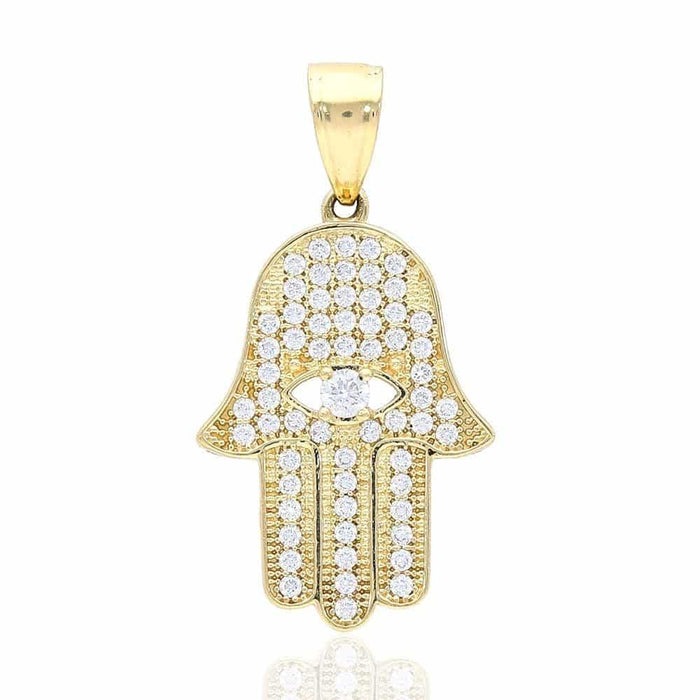 10k Yellow Gold CZ Evil Eye Hamsa Hand Of Fatima Pendant 1.2"