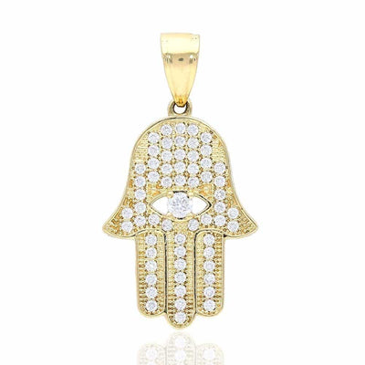 14k Yellow Gold CZ Evil Eye Hamsa Hand Of Fatima Pendant 1.2"
