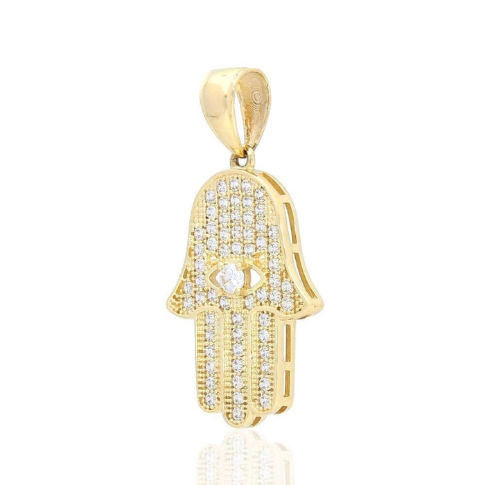 14k Yellow Gold CZ Evil Eye Hamsa Hand Of Fatima Pendant 1.2"