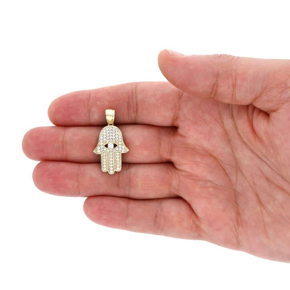10k Yellow Gold CZ Evil Eye Hamsa Hand Of Fatima Pendant 1.2"
