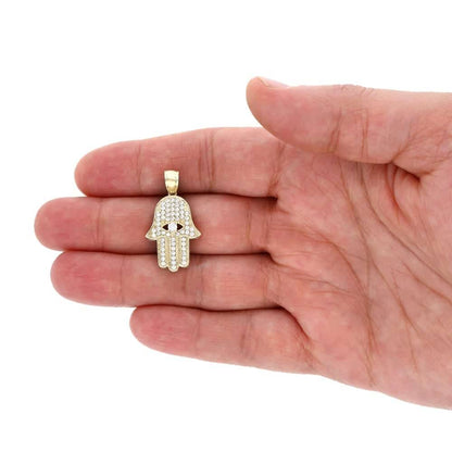 10k Yellow Gold CZ Evil Eye Hamsa Hand Of Fatima Pendant 1.2"