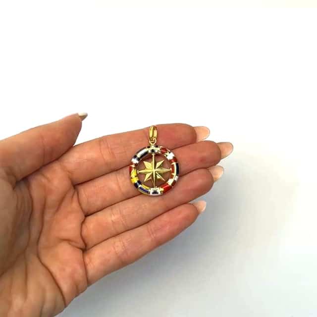 14K Yellow Gold Enamel Maritime Flags Compass Charm Pendant 1"