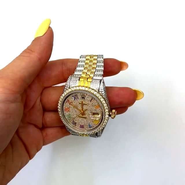 Rolex Datejust Custom Iced Rainbow Roman Diamond Dial Jubilee Band 36mm Watch - WJD Exclusives