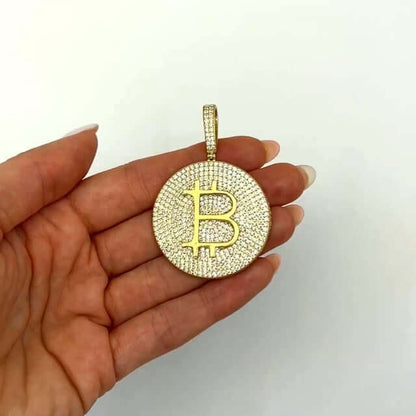 14K Yellow Gold CZ Pave Iced Bitcoin Pendant 2.2"
