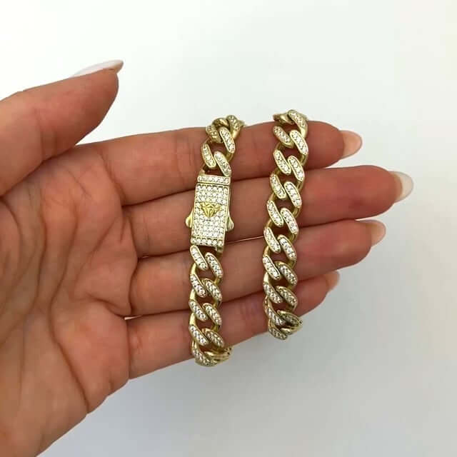 14K Gold CZ Pave 9mm Hollow Miami Chain Necklace 18.5"-24"