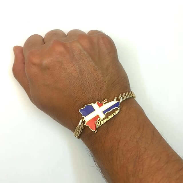 14K Yellow Gold CZ Dominican Republic Flag Miami Bracelet (Hollow) 8" - WJD Exclusives