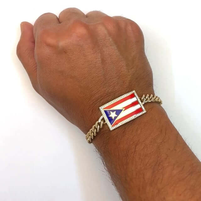 14K Gold Yellow CZ Color Puerto Rico Flag Miami Bracelet 8"
