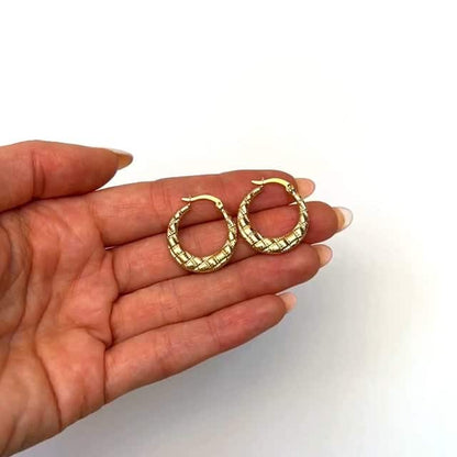 14K Yellow Gold Checkerboard Puffed Hoop Earrings 23.6mm