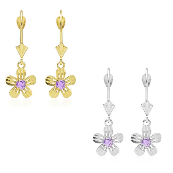 14k Yellow White Gold Birthstone Diamond-Cut Flower Leverback Earrings