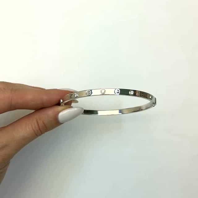 14K White Gold Hollow 4mm Screw CZ Bangle Bracelet 7.25"-7.5"