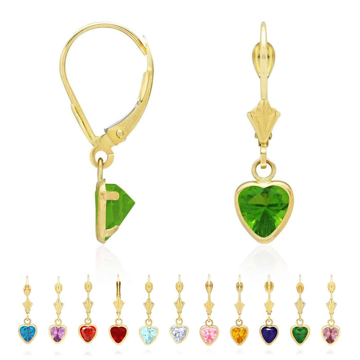 14K Yellow Gold Bezel Set Birthstone Heart Leverback Dangle Earrings 6mm