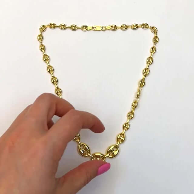 18K Yellow Gold Over Silver Puffed Anchor Mariner Graduated Necklace 17"