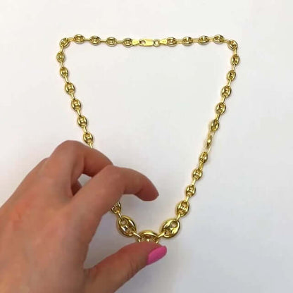 18K Yellow Gold Over Silver Puffed Anchor Mariner Graduated Necklace 17"