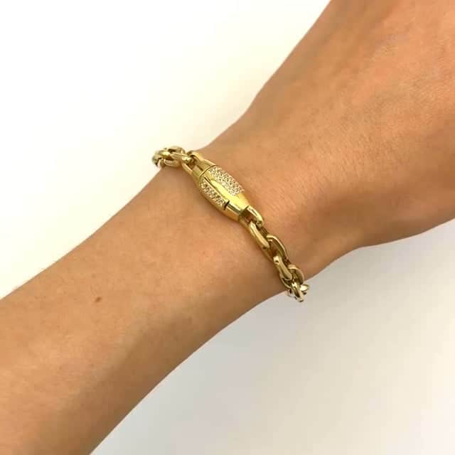 14K Gold CZ 6mm Barrel Lock Parallel Oval Cable Bracelet 7.5"