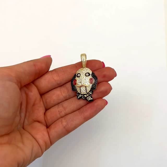 14K Yellow Gold CZ Pave SAW Jigsaw Mask Charm Pendant 1.7"