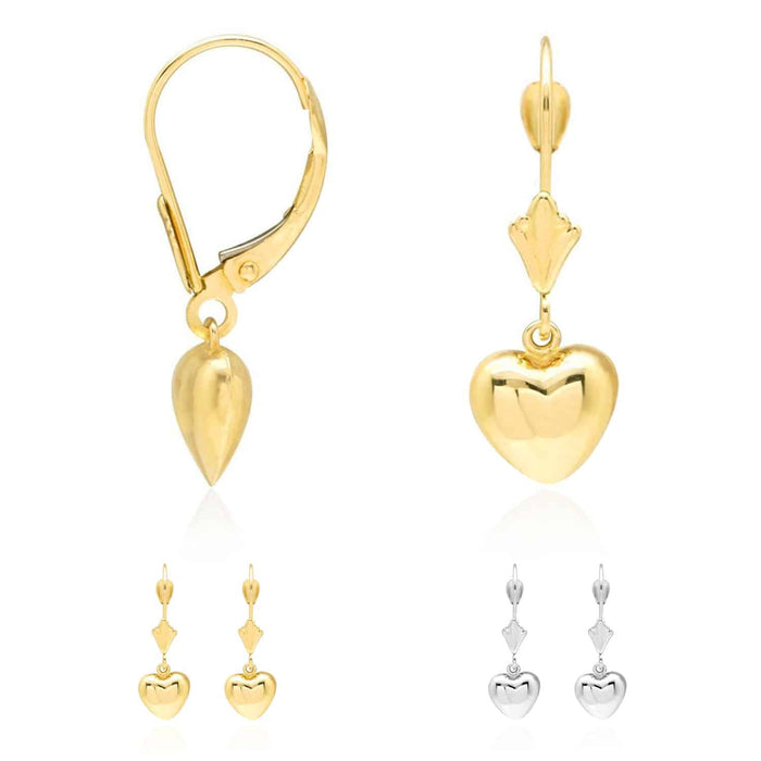 14K Gold Yellow, White Dangle Drop Heart Leverback Earrings 24mm