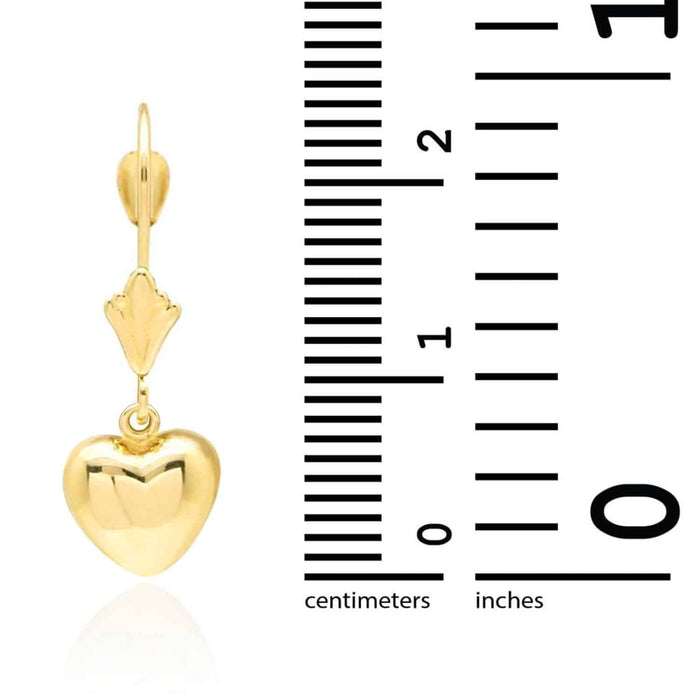 14K Gold Yellow, White Dangle Drop Heart Leverback Earrings 24mm