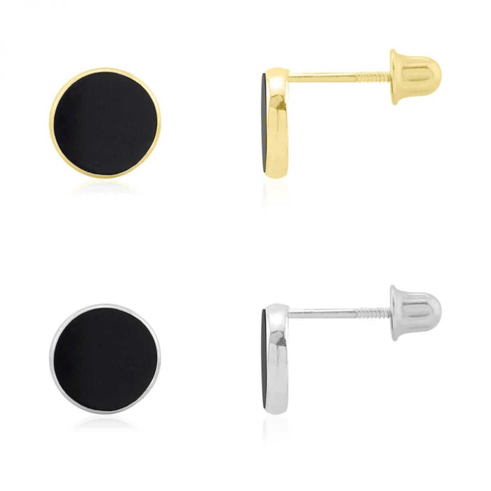 14k Yellow & White Gold Round Onyx Stud Screw Back Earrings
