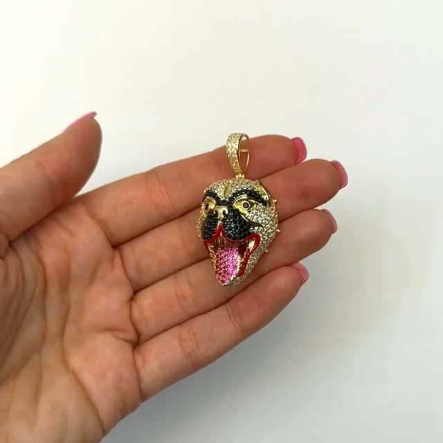 14K Yellow Gold CZ Pave Mad Dog Face Hip Hop Charm Pendant 1.8"