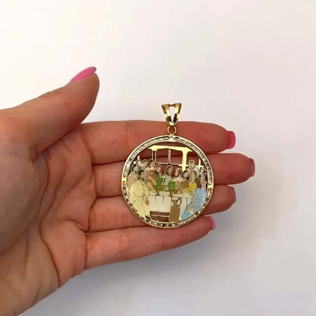 14K Yellow Gold CZ Enamel Religious Last Supper Pendant 2.1" - WJD Exclusives