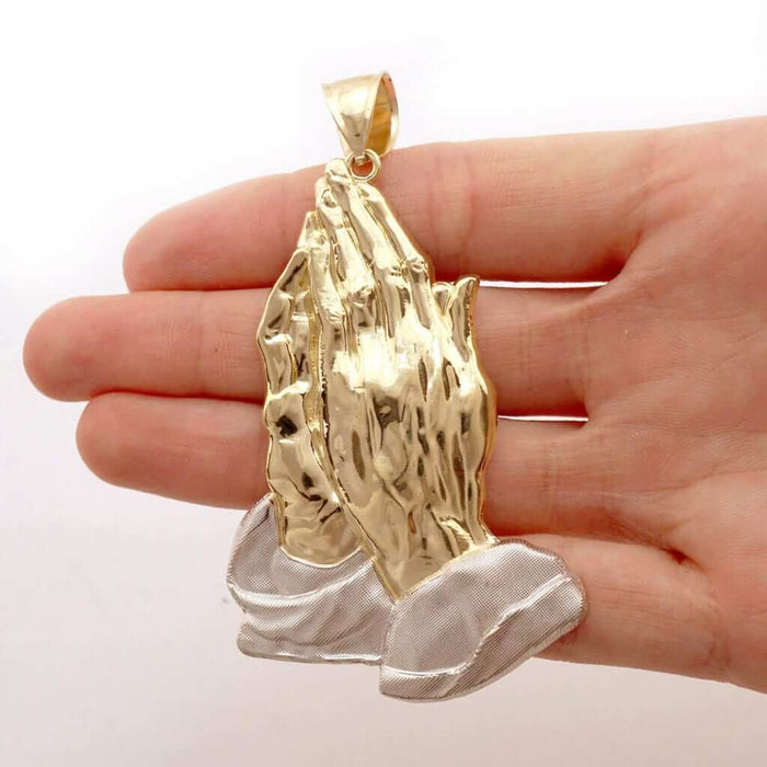 10k Two-Tone Gold Textured Diamond-Cut Praying Hands Pendant 1.18"-4"