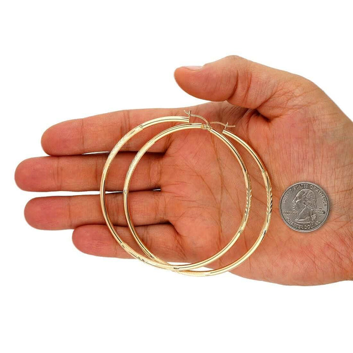 14K Solid Yellow & White Gold 3mm Diamond-Cut Finish Hoop Earrings 19-75mm