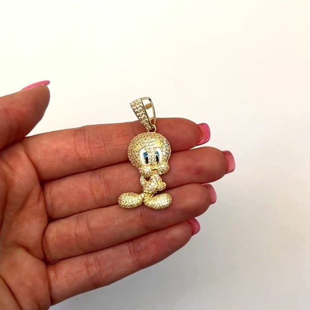 14K Yellow Gold CZ Pave Blue Eyes Tweety Bird Charm Pendant 1.5"