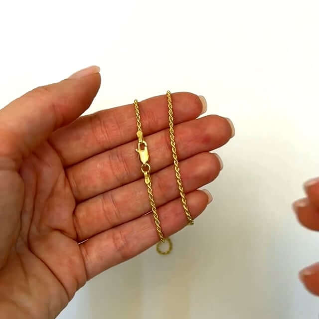 18K Yellow Gold Over Silver 1.5mm Rope Chain (Solid Links) 16" - 24" - WJD Exclusives