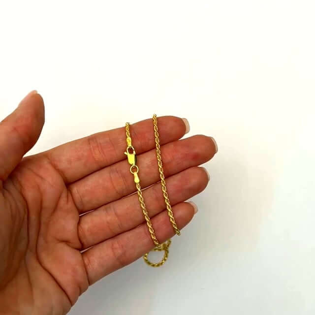 18K Yellow Gold Over Silver 1.7mm Rope Chain (Solid Links) 16" - 24" - WJD Exclusives