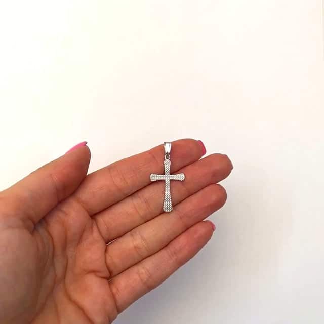 14K White Gold Diamond-Cut Religious Cross Pendant 1.3"